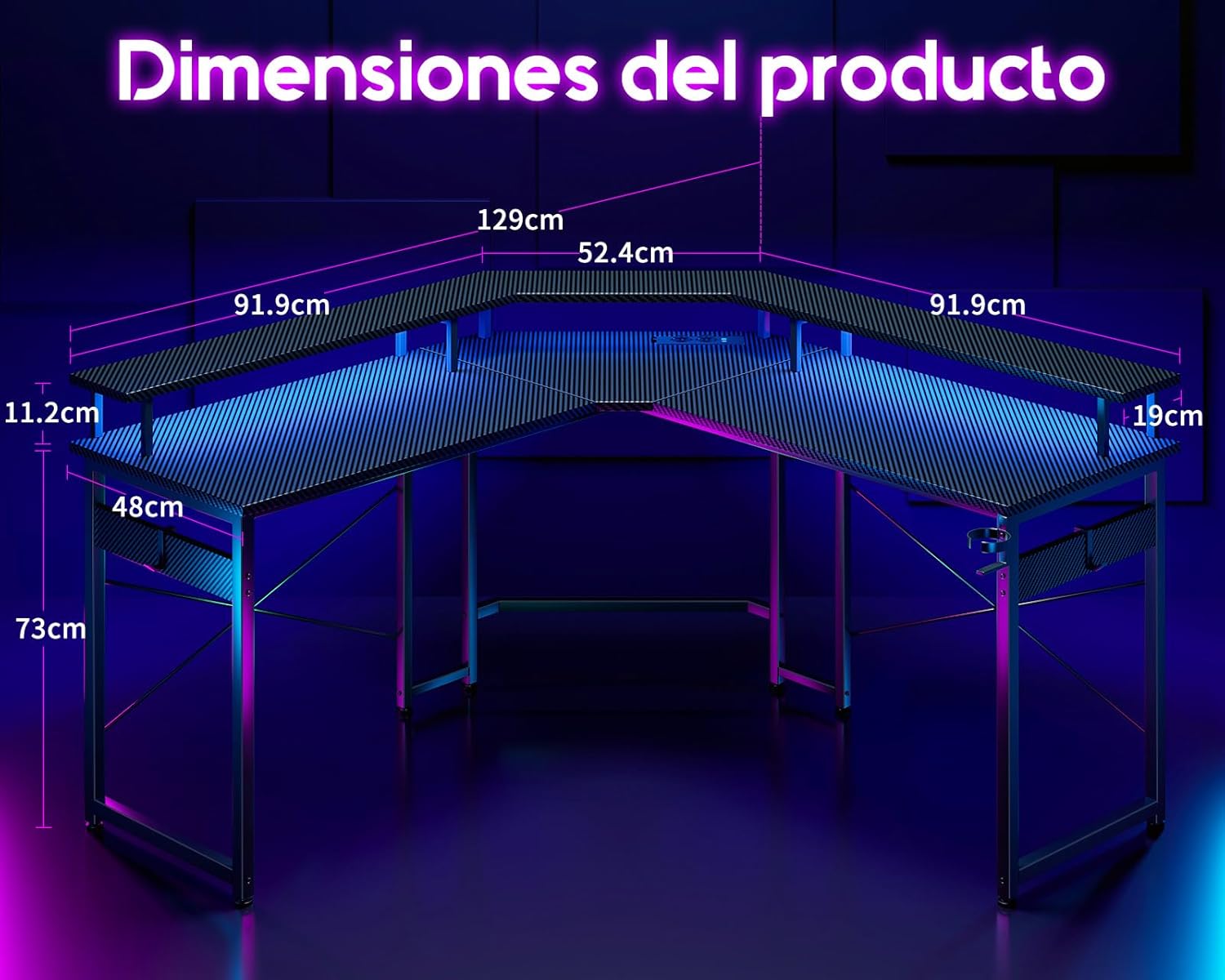 Réductions à durée limitée--ODK Bureau Gaming avec LED, Bureau d'angle Gaming avec Prises et Ports USB, Bureau Gaming Angle avec Support pour Moniteur, Noir Carbone, 129x129 cm