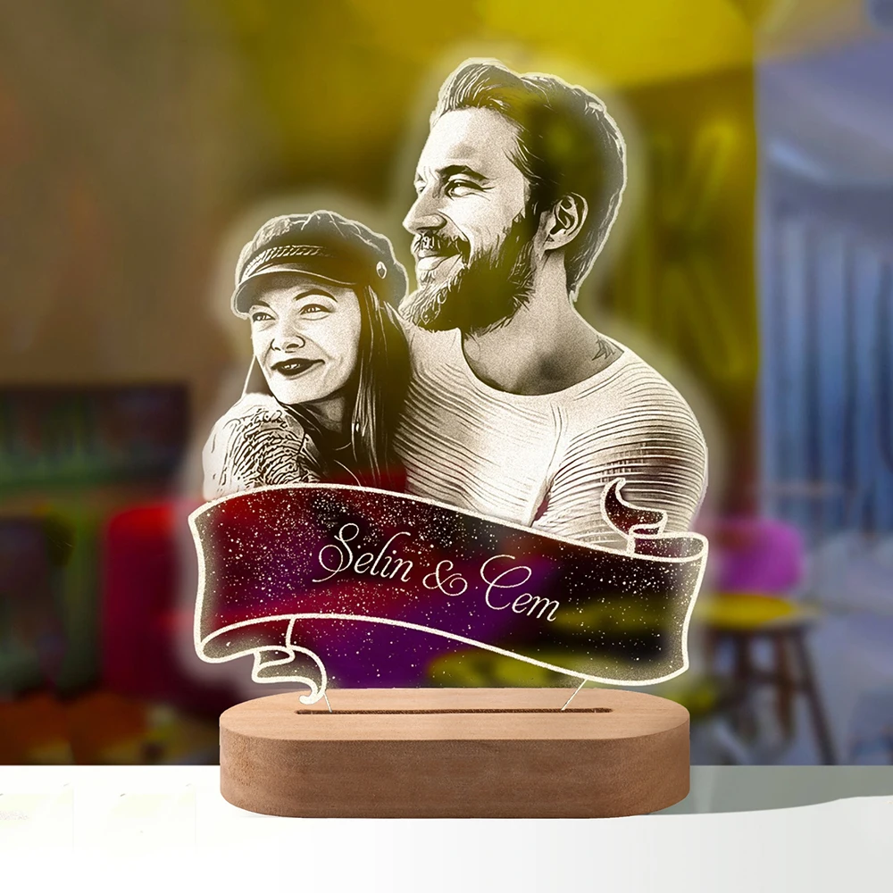 Regalo personalizado Lámpara 3D Foto personalizada Luz nocturna Texto de base de madera tallada para boda Cumpleaños Aniversario Regalo del día de San Valentín