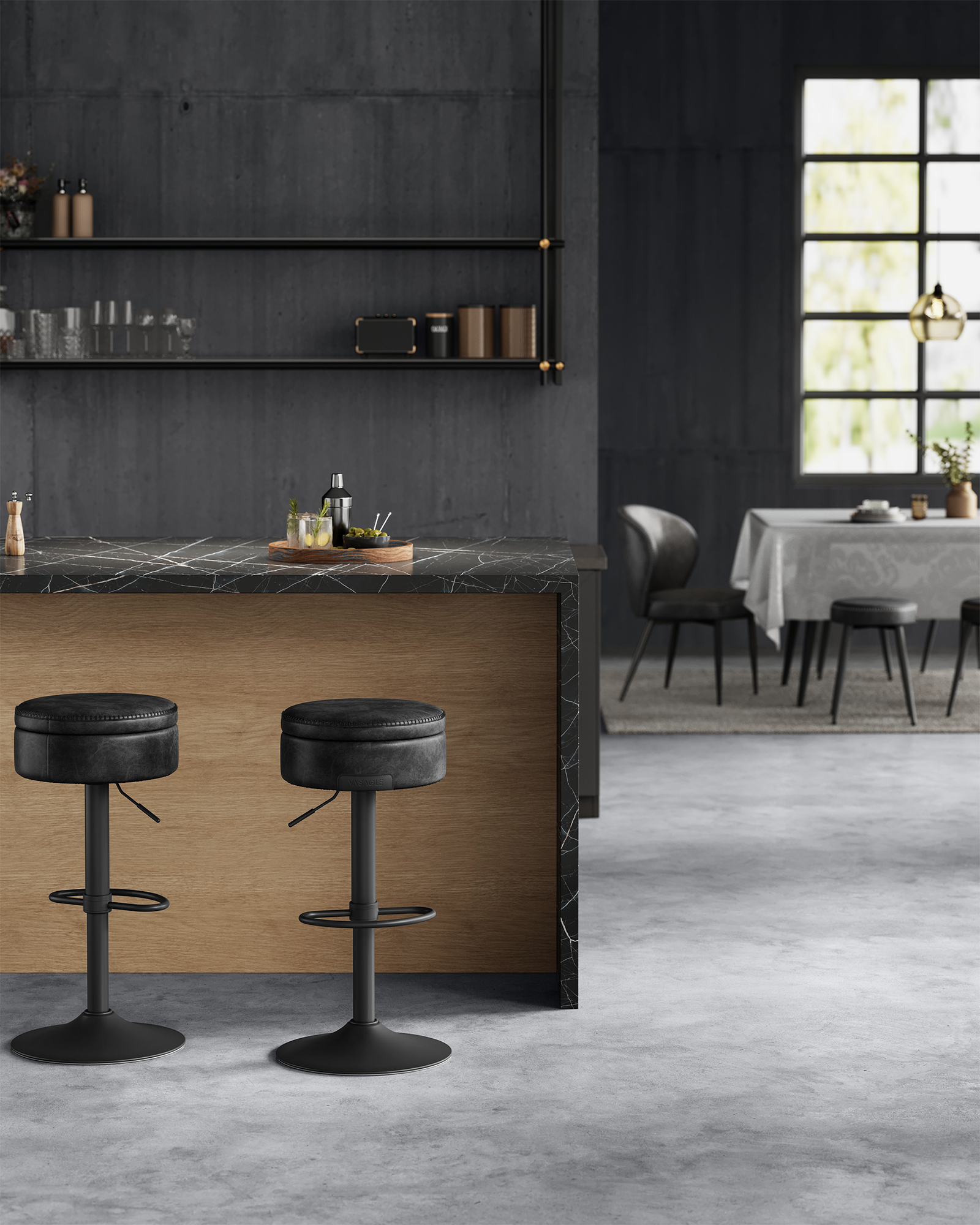 VASAGLE Tabouret de Bar Pivotant à 360 °   Noir d'Encre - Hauteur Réglable - Rangement