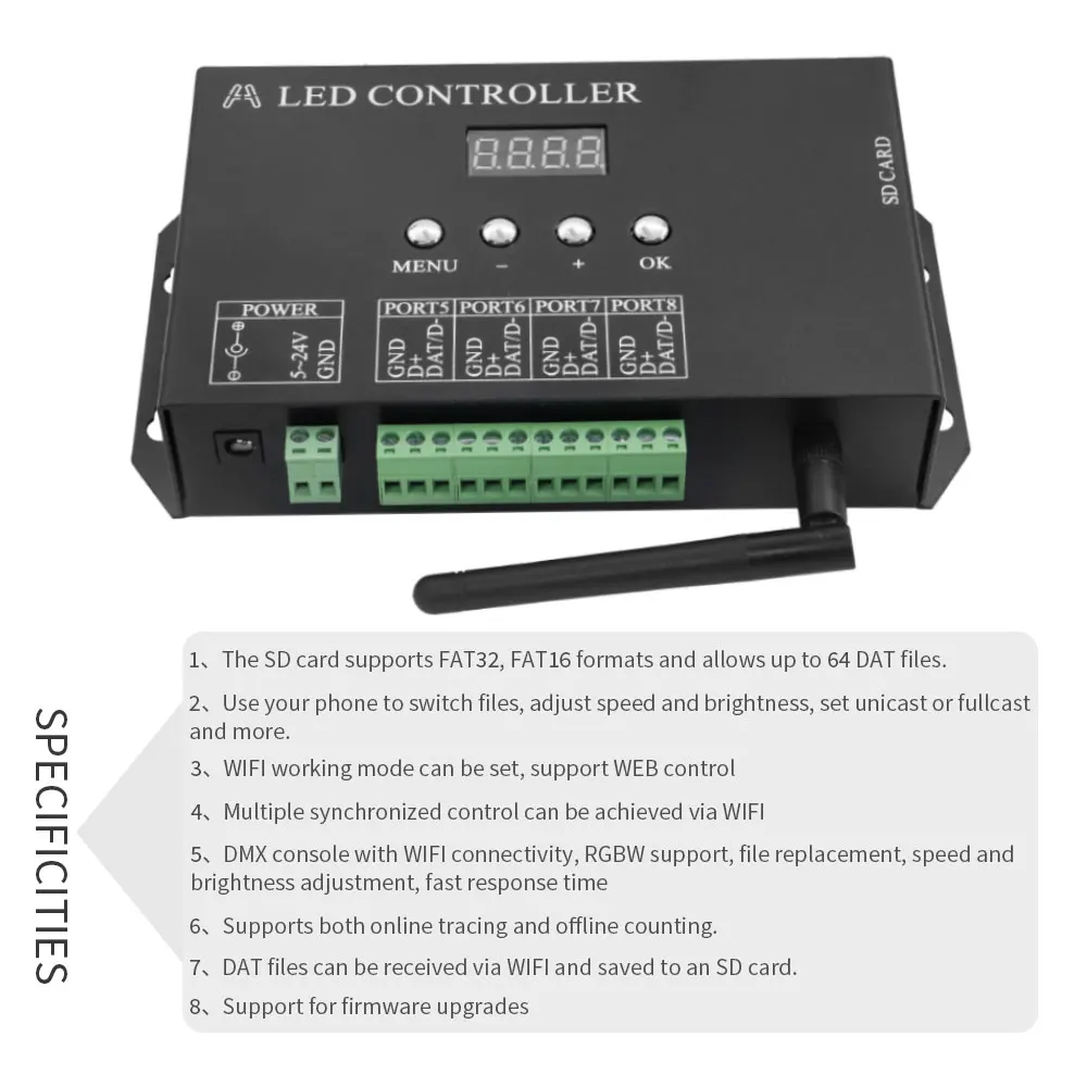 H807SA H807SBWifi 8/4 Ports DMX/Artnet to SPI LED Pixel Controller With SD Card For WS2811 WS2812 WS2812b WS2815 Led Strip Light