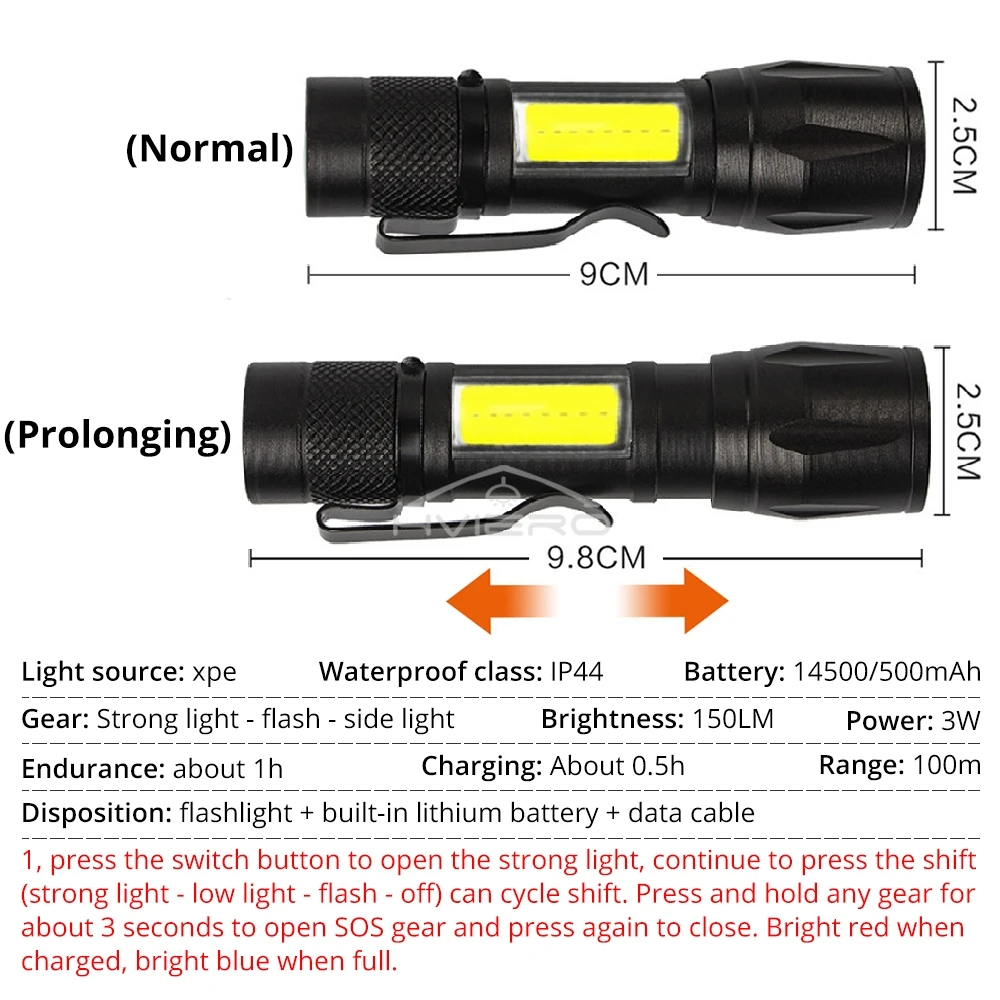 Linterna carga de batería Mini Led 3W foco lámpara lateral ajustable conveniente impermeable T6 luz Ultra brillante para acampar senderismo