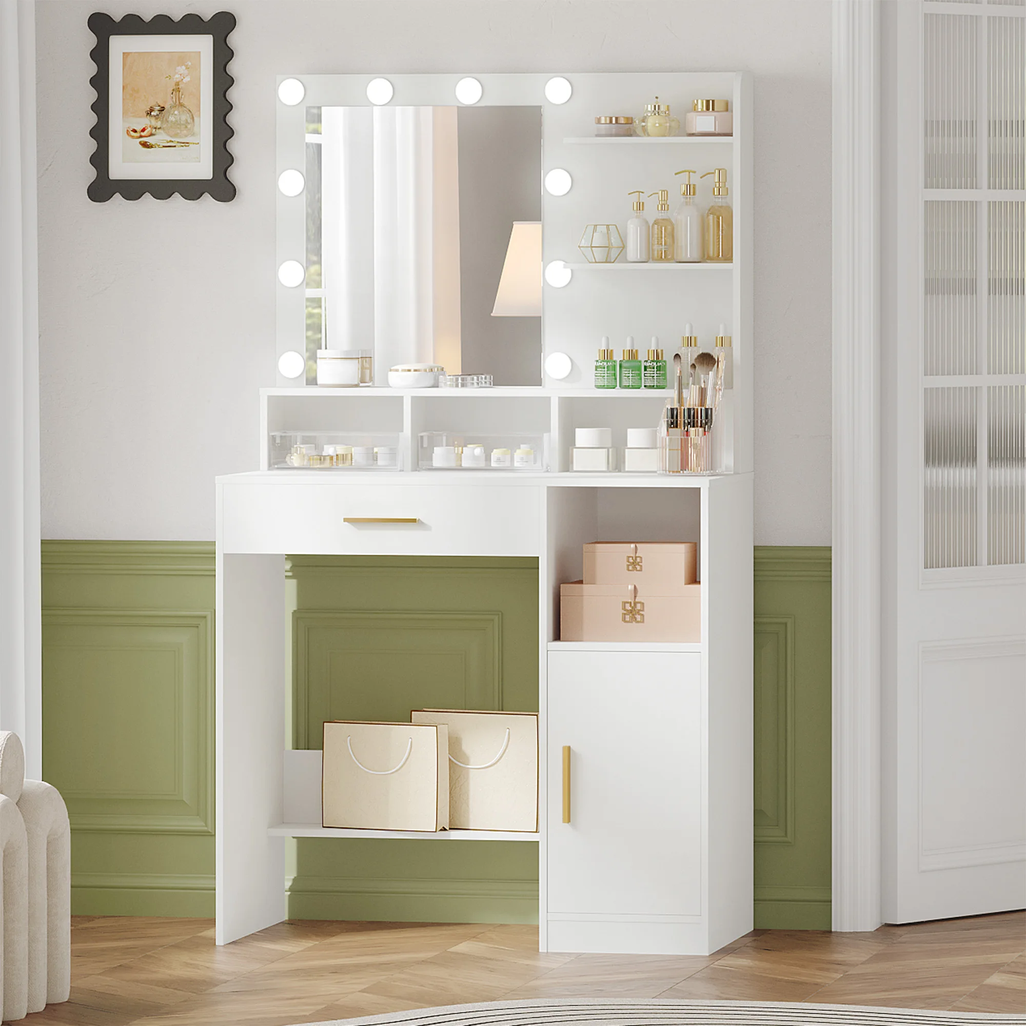 Hzuaneri Toeletta con Specchio e 10 Luci LED, Mobile Vanity con 3 Ripiani e 4 Scomparti Aperti, con Grande Cassetto