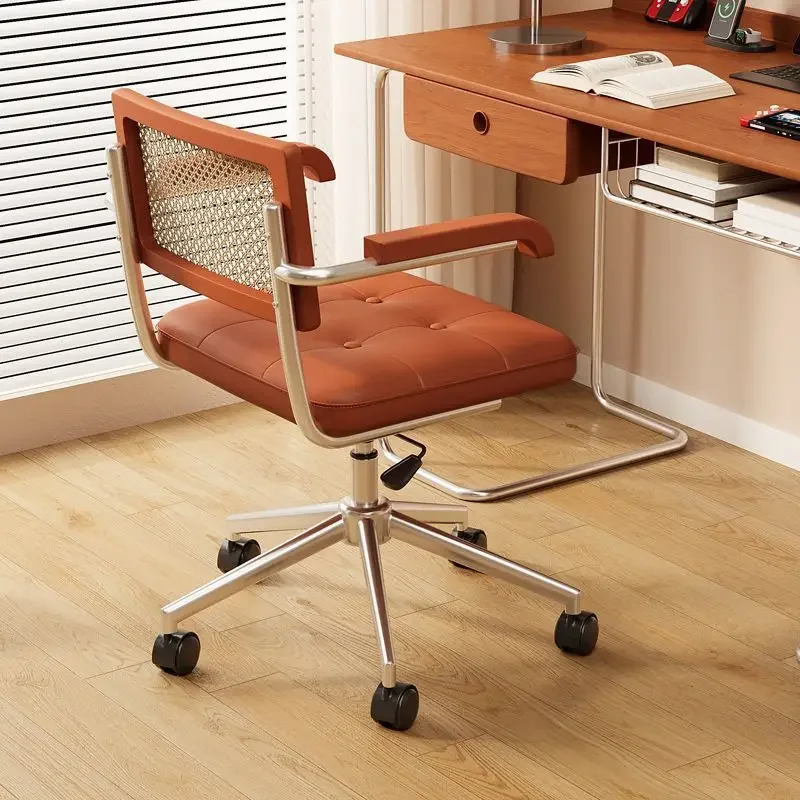 Middle Ancient Office Chair Ergonomic Armrest Desk Chair Rattan Weave Learning Computer Seat Leather Cushion Executive Chairs