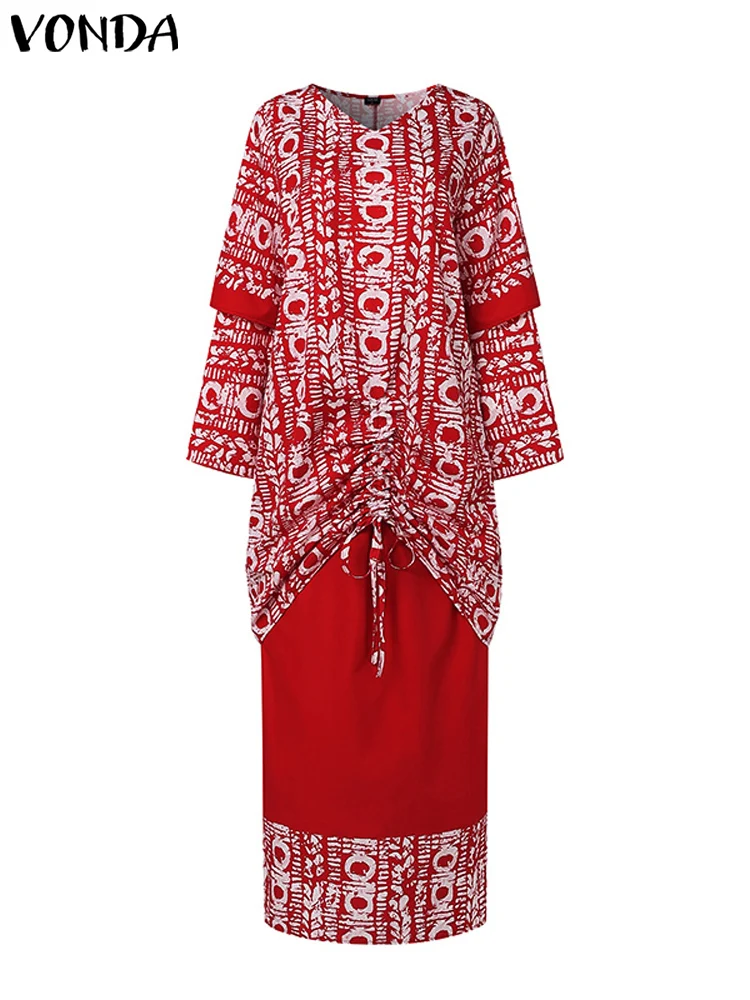 Vonda-女性用の長袖トップとハーフスカートのセット,プリントされた衣装,ボヘミアン,エレガントな2ピースのセット,ルーズフィット,カジュアル,ラージサイズ,5xl,2024