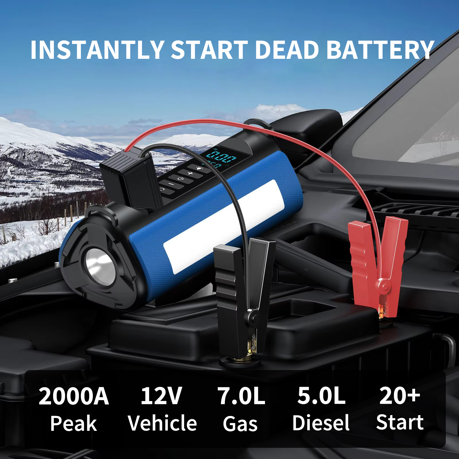 BUVAYE Car Jump Starter Air Pump Outdoor Portable Power Lamp Portable Air Compressor Multifunctional Tire Inflator with EVA Bag