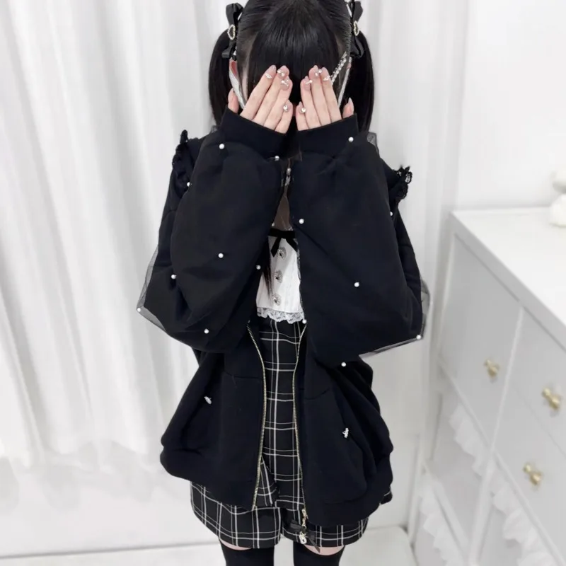Coelho moletom com capuz y2k orelha de coelho com capuz lolita jaqueta arco meninas pérola jk japão renda kawaii zíper cardigan manga comprida topo