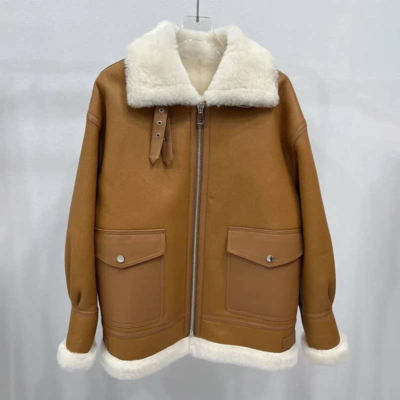 Abrigo de piel de cordero auténtica para mujer, chaqueta de doble cara de lana Real, cálida, invierno, ZJ6039, 2024