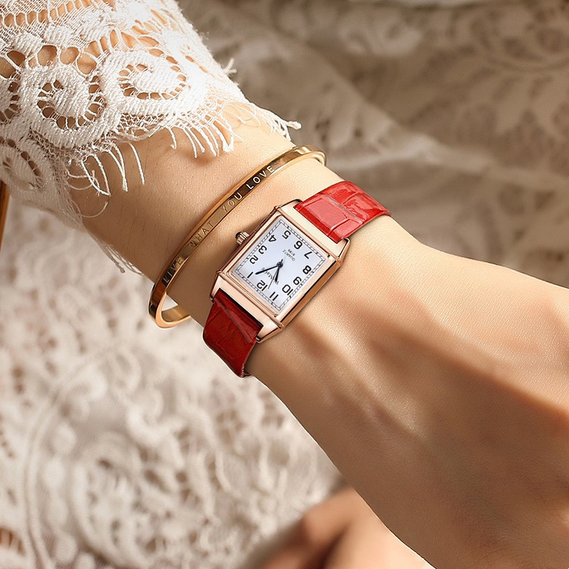 Mode Dameshorloges Luxe Metaal Rose Goud Vierkant Dames Quartz Horloge Rechthoek Rood Leer Vrouwelijke Klok