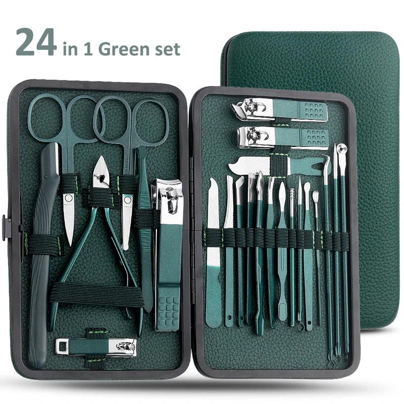 Juego de tijeras para pedicura y cortador de uñas de acero inoxidable, color verde, 7/13/24 Uds., herramienta portátil para manicura y pedicura