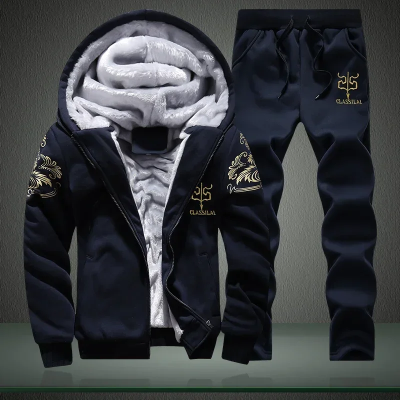 Traje deportivo Retro para hombre, sudaderas con capucha gruesas de lana + pantalón de chándal, sudadera de otoño e invierno, ropa deportiva, traje con estampado de letras para hombre