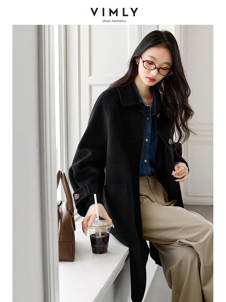 Vimly Double Faced Wool Blend ยาวฤดูหนาวผู้หญิงทําด้วยผ้าขนสัตว์สบายๆถักเสื้อ Office Lady WARM Overcoat 50811