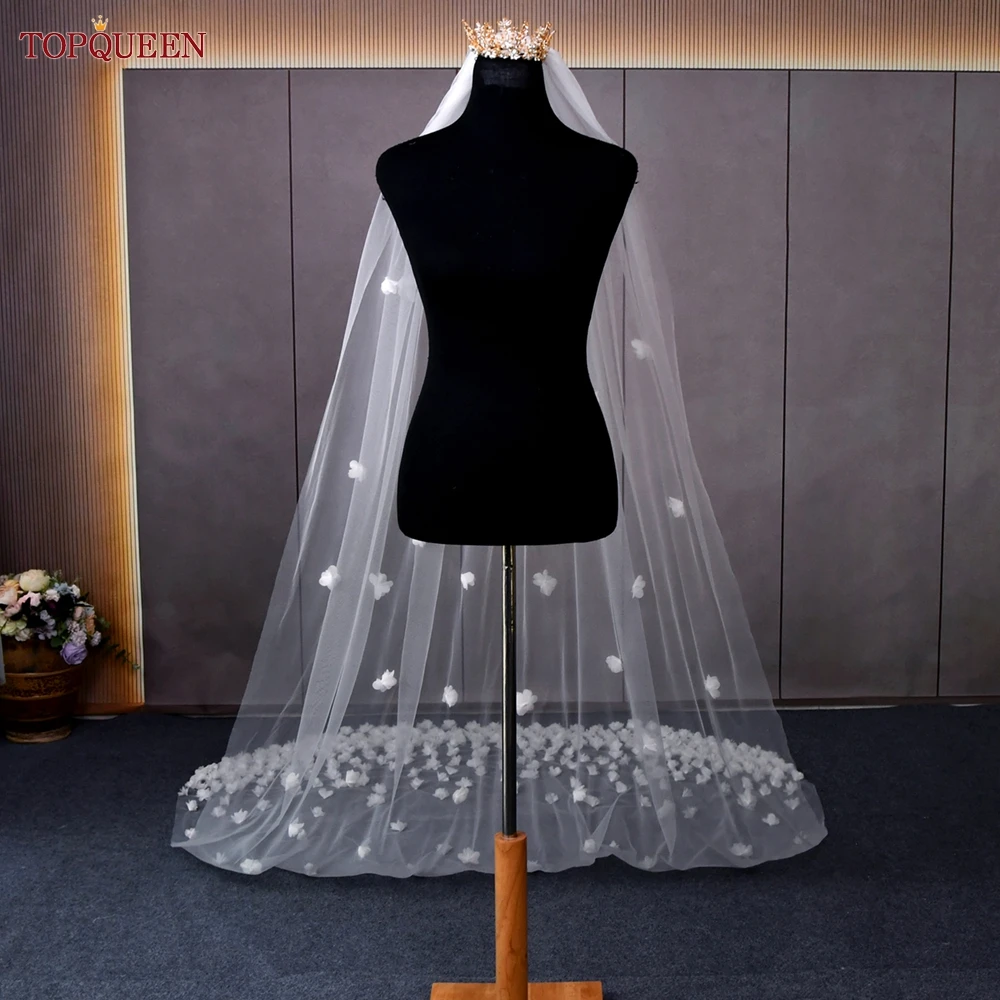 Topqueen v93 véu de casamento com flores 3d catedral mantilla véu de noiva de alta qualidade flores véu de noiva véu de tule macio