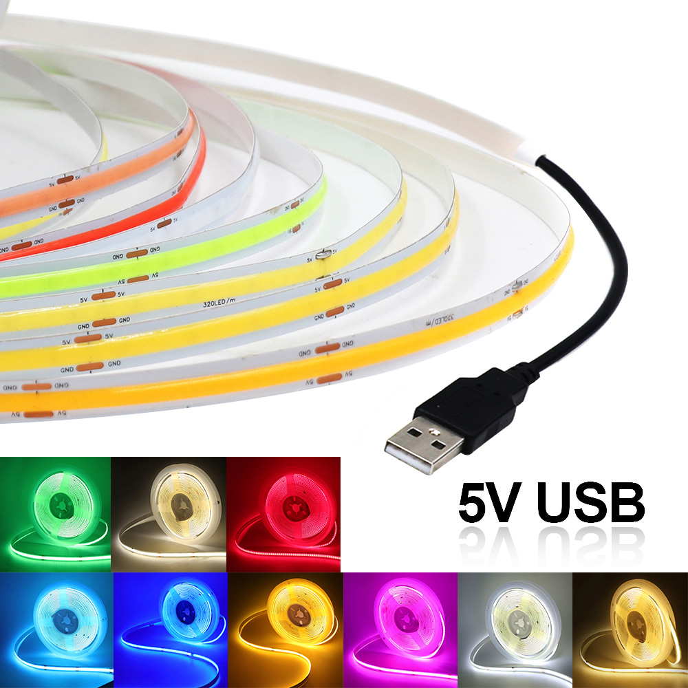 Tira de luces Led COB USB de 5V CC, blanco/rojo/verde/rosa/azul hielo/amarillo, cinta Flexible de 320 Leds, lámpara de noche, retroiluminación de TV, decoración del hogar