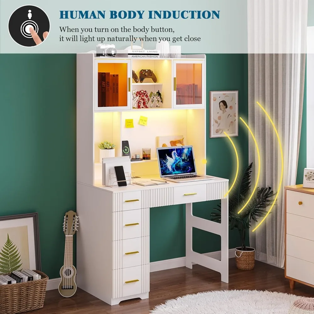 School Desks.LED Study Desk with Hutch and Drawer, Home Office Desk with Outlet, Computer Desk with Charging Station,