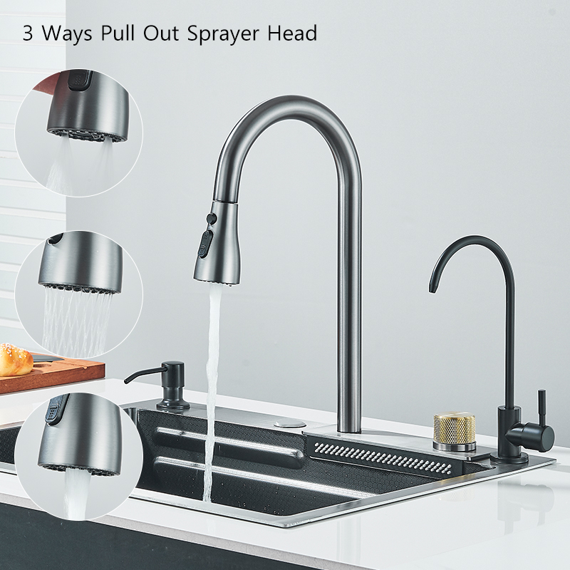 Wasserfall-Küchenspüle aus Edelstahl 304, groß, Einzelschlitz, integriert, 60 x 45 cm, Wasserhahn-Set, Seifenspender, reiner Wasserhahn