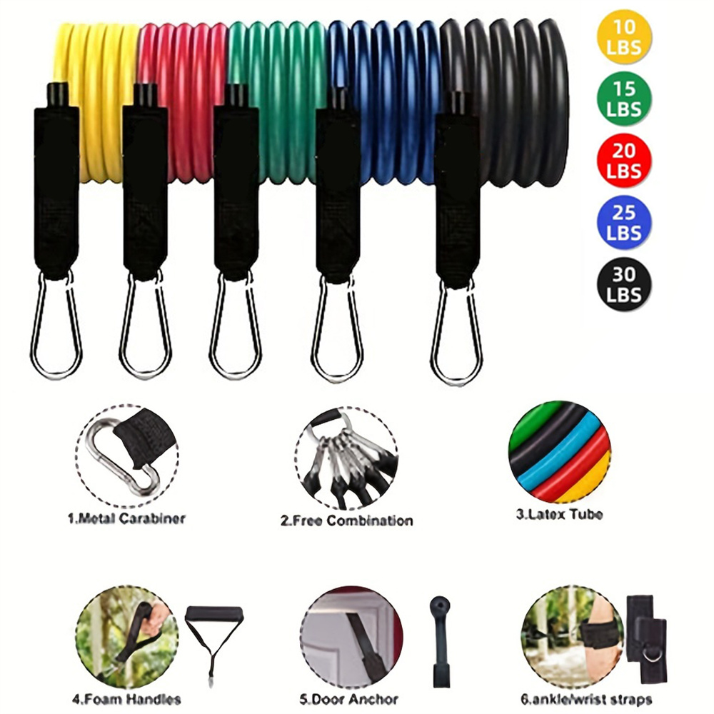 Corde côtelée portable, équipement de fitness, extenseur de poitrine, bande d'exercice élastique, sangle de rinçage, 11 pièces par ensemble