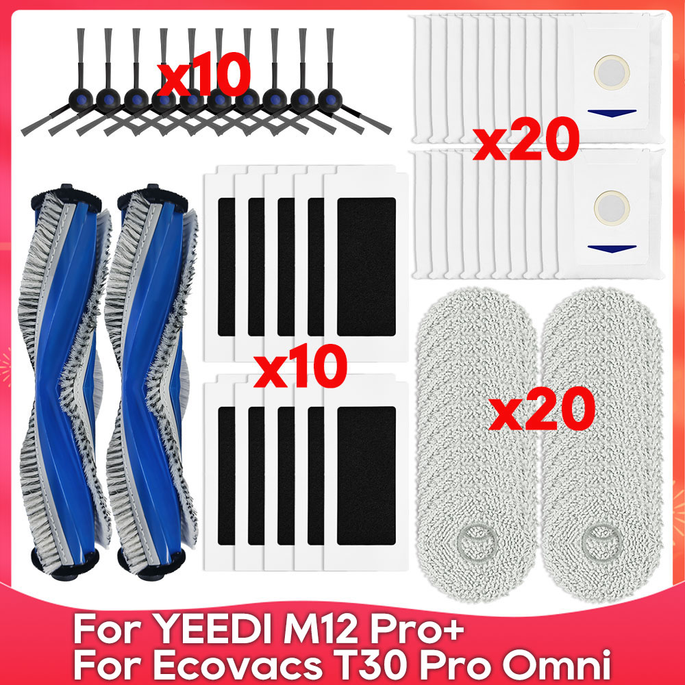 Compatible con ( Ecovacs T30 Pro Omni, T30 Omni, Yeedi M12 Pro+, M12 Ultra Plus ) Cepillo Principal y Lateral, Filtro, Trapeador, Bolsa de Polvo, Accesorio