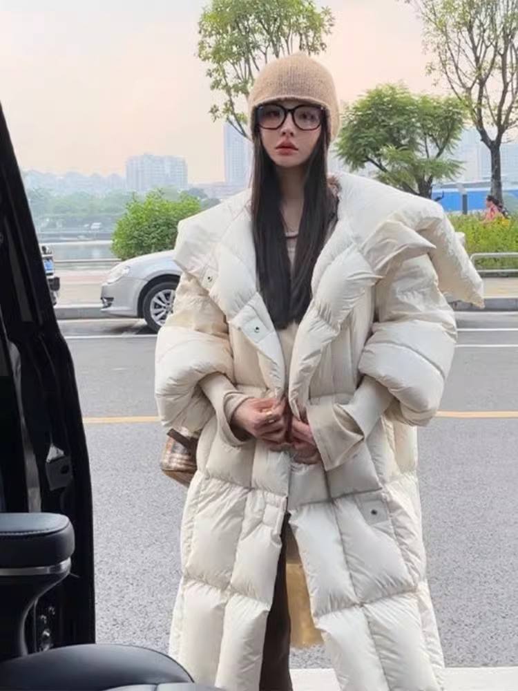 450 グラム以上のグースダウン充填コートダウンジャケット冬のファッションロングふわふわダウンコート女性厚く暖かいパーカー wy1914