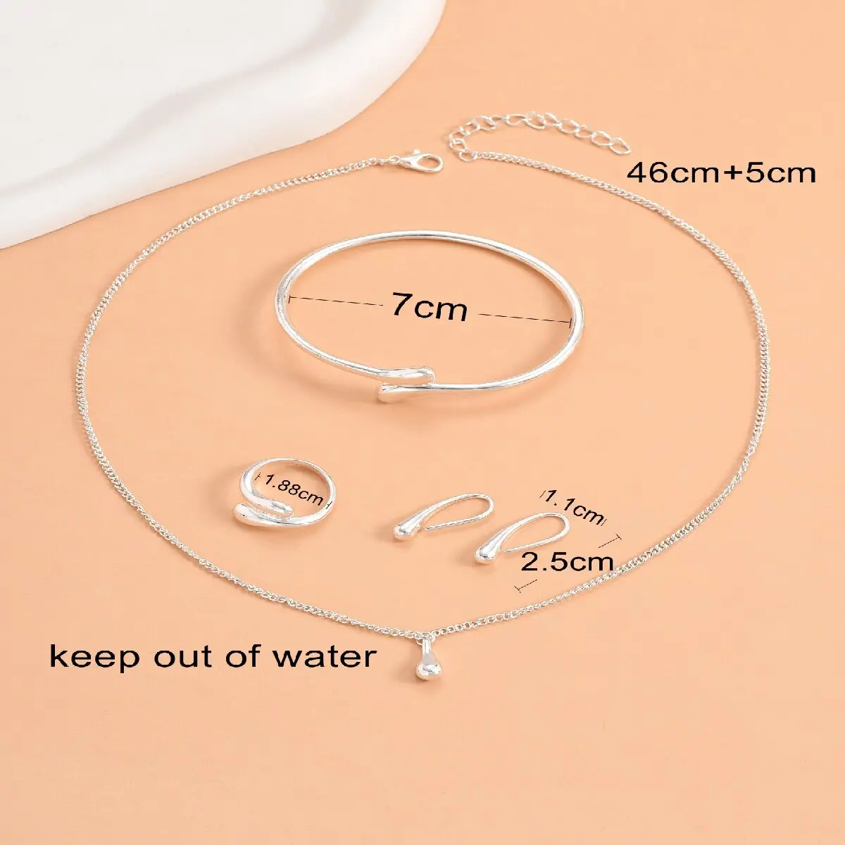 5-teiliges Set mit gebogenen Bohnen-Wassertropfen-Ohrringen für Damen, Halskette, Armband, Ring, Hochzeit, Bankett, Party, Urlaub, Geschenke-8127