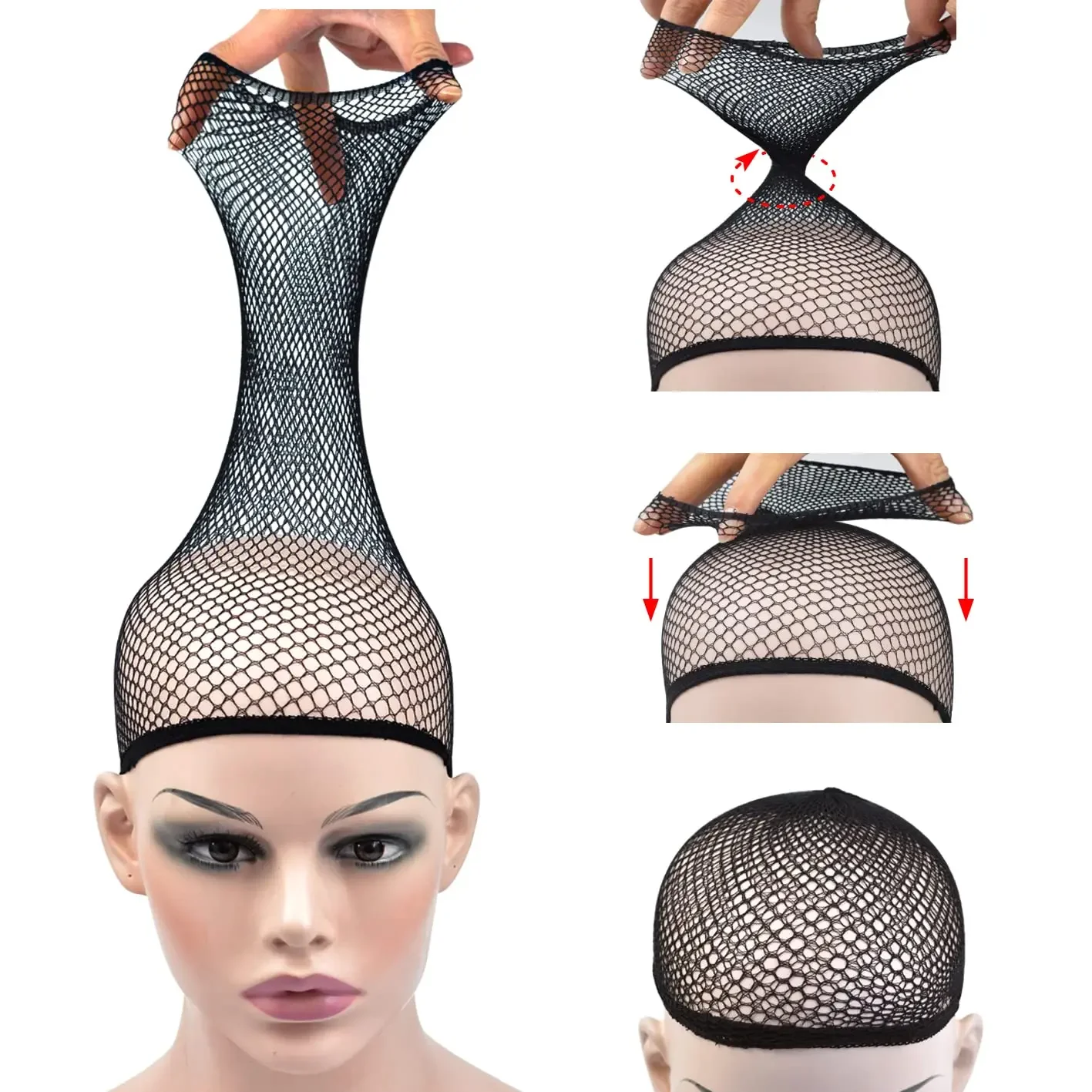 Gorro de malla para peluca, red elástica para el cabello negro, red elástica para peluca de rejilla con extremo abierto, gorro de malla transpirable para accesorios de peluca