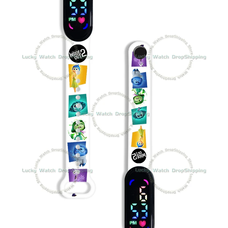Inside OUT นาฬิกาอนิเมะสำหรับเด็ก2ชิ้น, นาฬิกาตัวการ์ตูนไฟ LED Jam Tangan elektronik kado ulang tahun เด็กผู้ชาย Jam Tangan anak perempuan