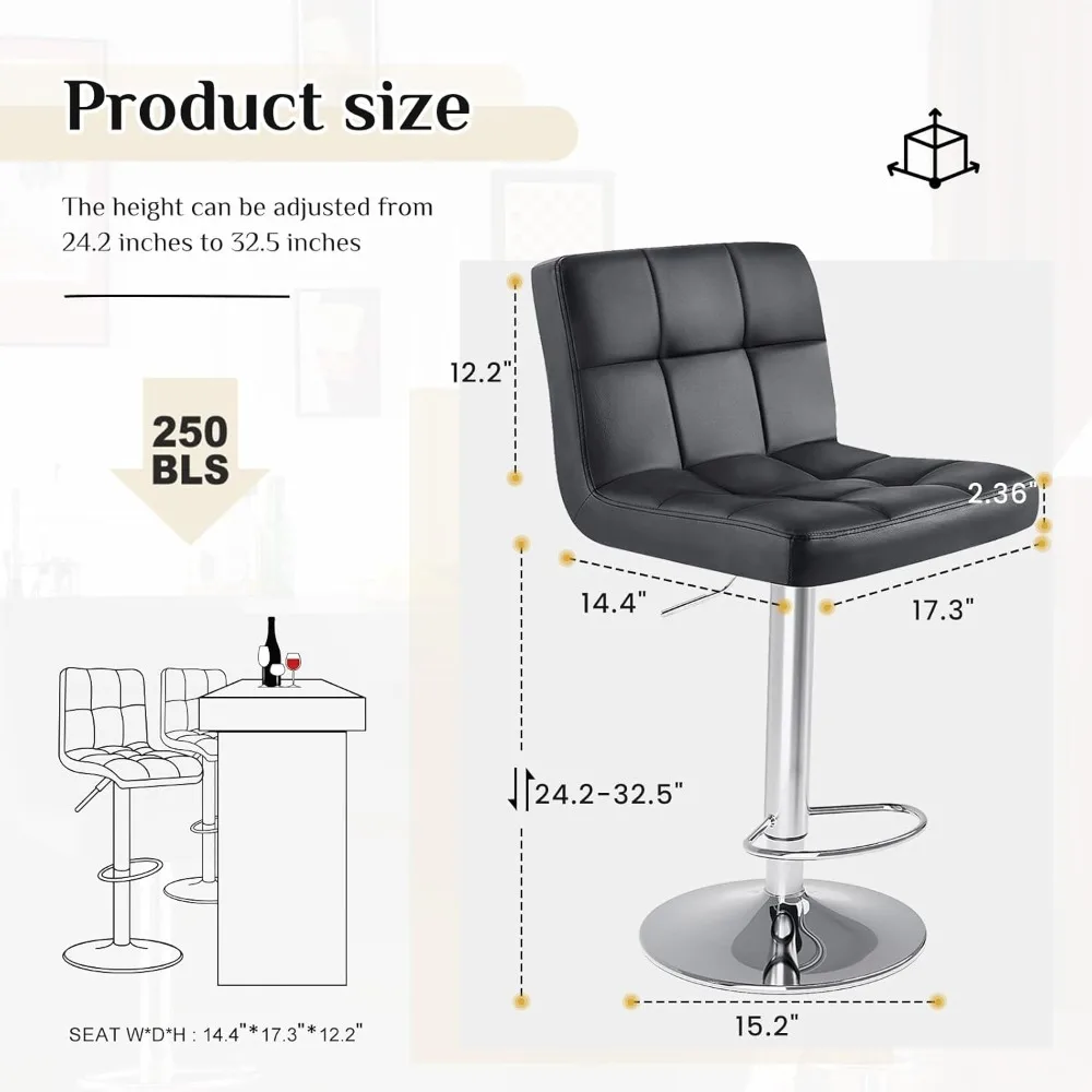 Bar stools Set of 2, 24 inch Bar Stools, Upholstered Kitchen Barstools w/Metal Base, PU Leather Saddle Stools for Kitchen Island