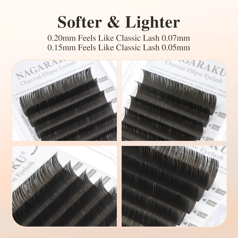 NAGARAKU แบน Ellipse Eyelash แยกเคล็ดลับ Matte สีเทาสีดํา Super Soft Gentle Natural Eyelash Extension แบนรูปร่าง Lashes