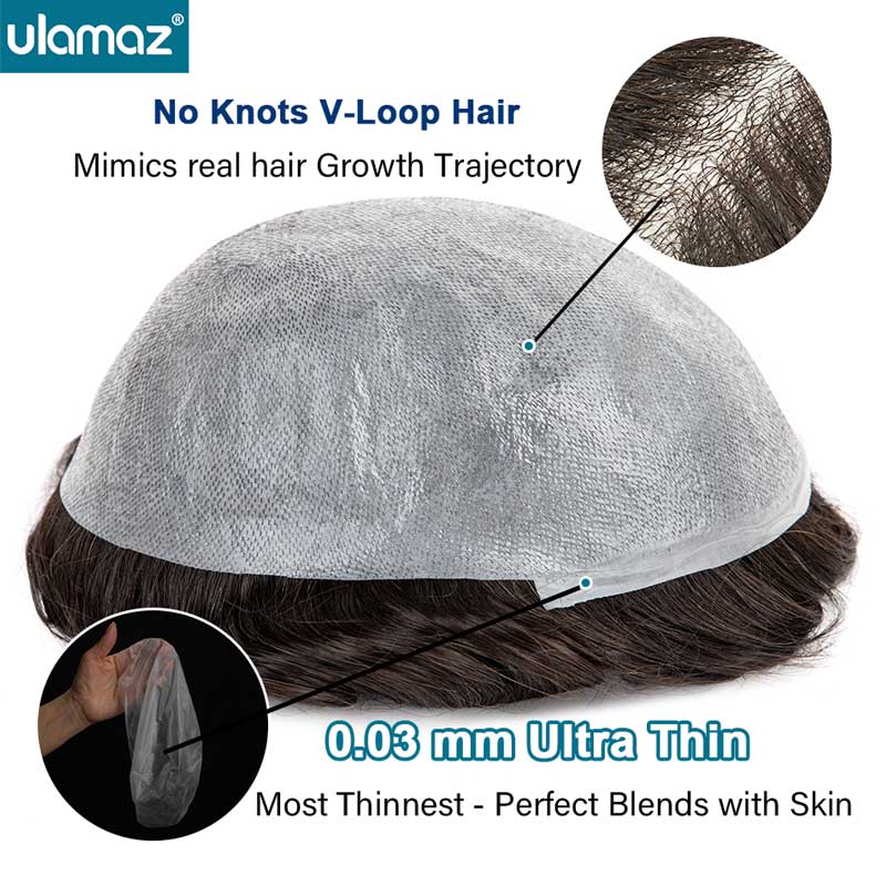0.03 Ultra Dunne Huid Toupetje Ondetecteerbaar Mannen Capillaire Prothese Realistische Pruik Man Menselijk Haar Microskin Haar Systeem Voor Mannen