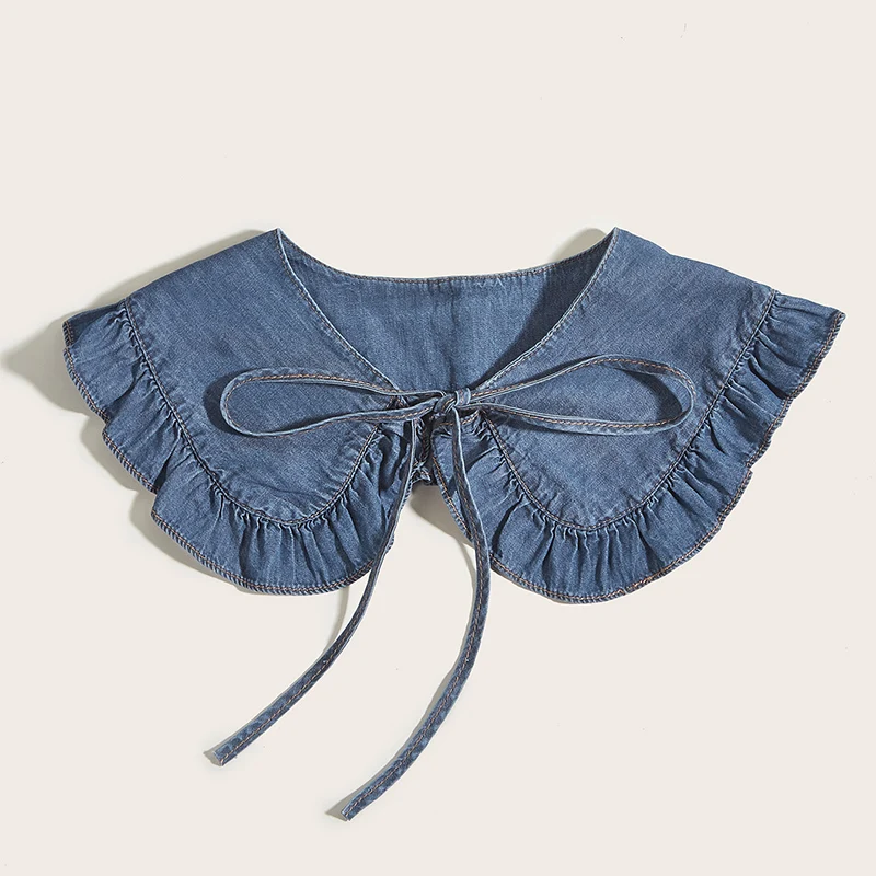Col châle en denim délavé pour femmes avec dentelle plissée et faux col à la mode