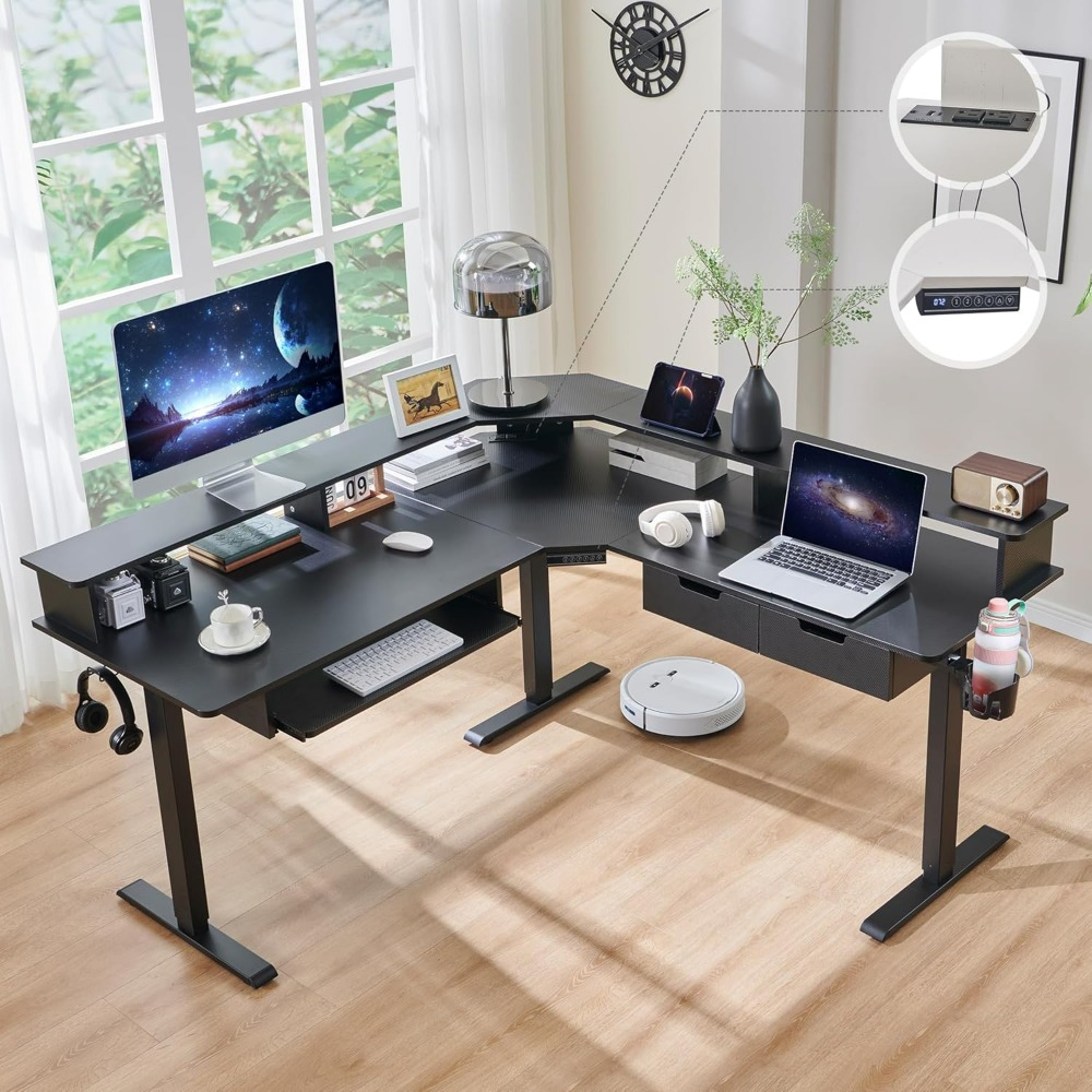 60 Inches L Shaped Electric Standing Desk, Drawers, Power Outlets & LED Lights, Monitor Shelf, Adjustable Corner Gaming Desk