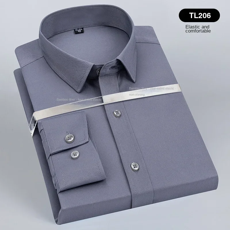 Camicia a maniche lunghe, Fibra di bambù elastica da uomo, Camicia di seta senza stiratura, Abbigliamento professionale da uomo di mezza età e anziani