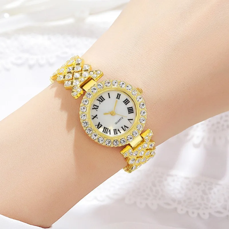 Conjunto de 5 uds de relojes de cristal completo para mujer, Reloj de pulsera con diamantes para mujer, Conjunto de pulsera de Reloj de moda de lujo, regalos de diamantes de imitación