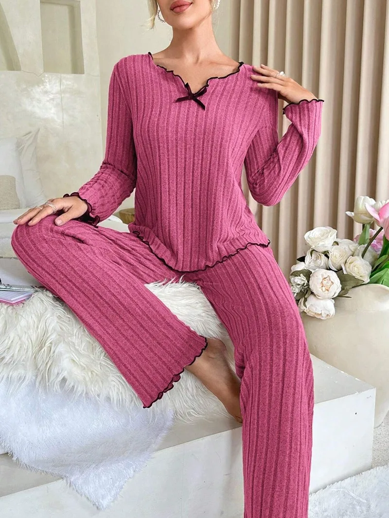 Conjunto de pijamas acanalados para mujer, ropa de dormir de otoño e invierno, Top de manga larga y pantalones largos, conjunto de 2 piezas, ropa de casa informal, ropa de descanso