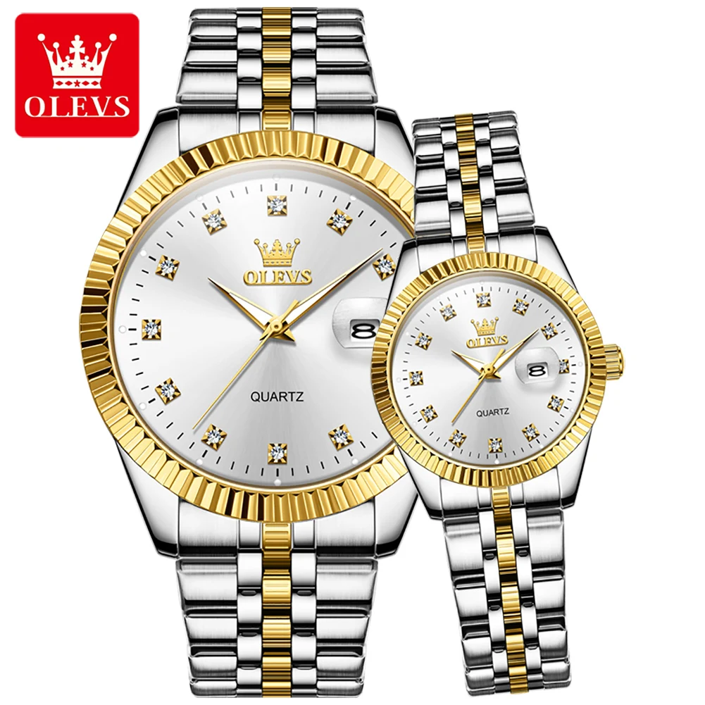 Olevs Paar Uhr Set Luxus Diamant Gold Uhr wasserdichte leuchtende Quarz Armbanduhr Edelstahl Liebhaber Uhr Geschenke