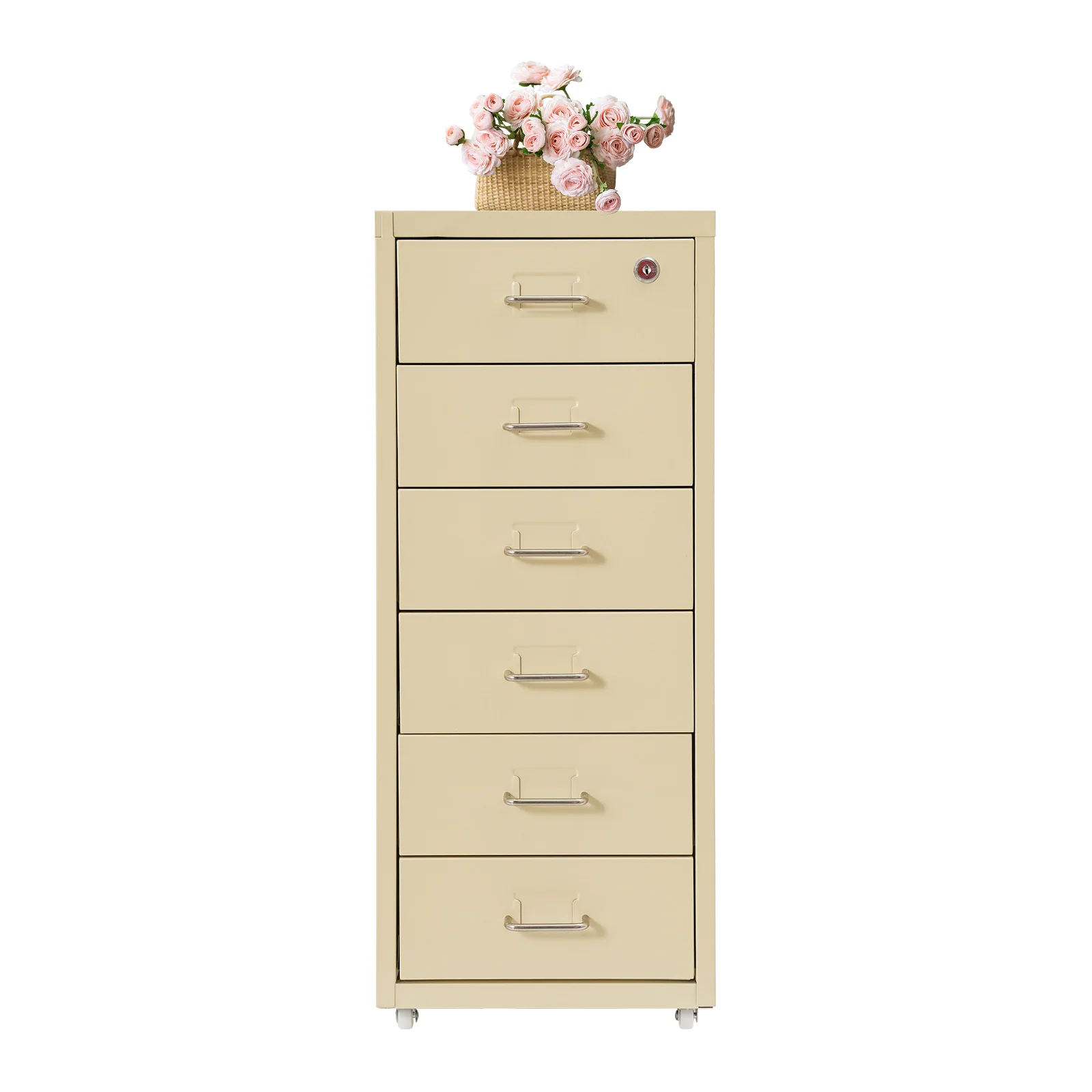 Lockable Rolling Metal File Cabinet| 6-Drawer Home Office Document Storage Container with Wheels| Off-white/Green/Yellow
