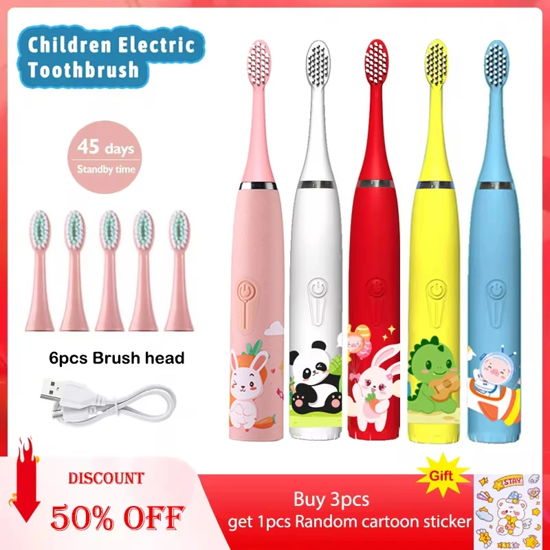 Cepillo de dientes eléctrico sónico IPX7 resistente al agua con cabezales de repuesto, cepillo de dibujos animados colorido recargable automático para niños