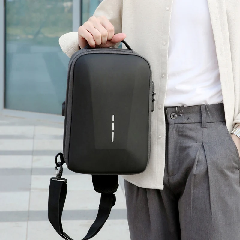 Pacotes de peito com bloqueio de combinação anti-roubo com porta de carregamento usb moda negócios masculino crossbody saco de armazenamento de viagem bolsa de ombro