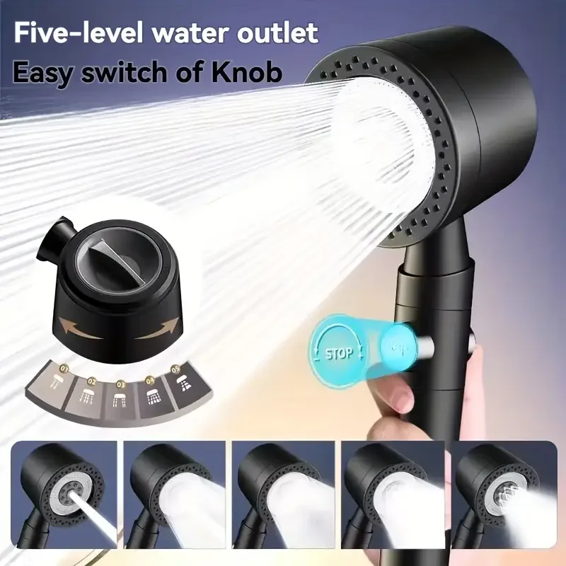 Nuovo soffione doccia con filtro per risparmio idrico ad alta pressione, 5 modalità, soffione doccia portatile, set di accessori per il bagno con arresto a un pulsante