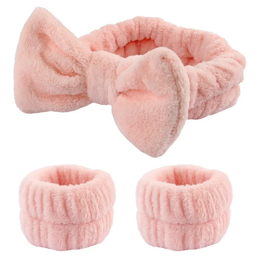 Bonito pulseira de pelúcia laço de cabelo máscara de maquiagem à prova de umidade manga capa anel de cabelo fone de ouvido feminino
