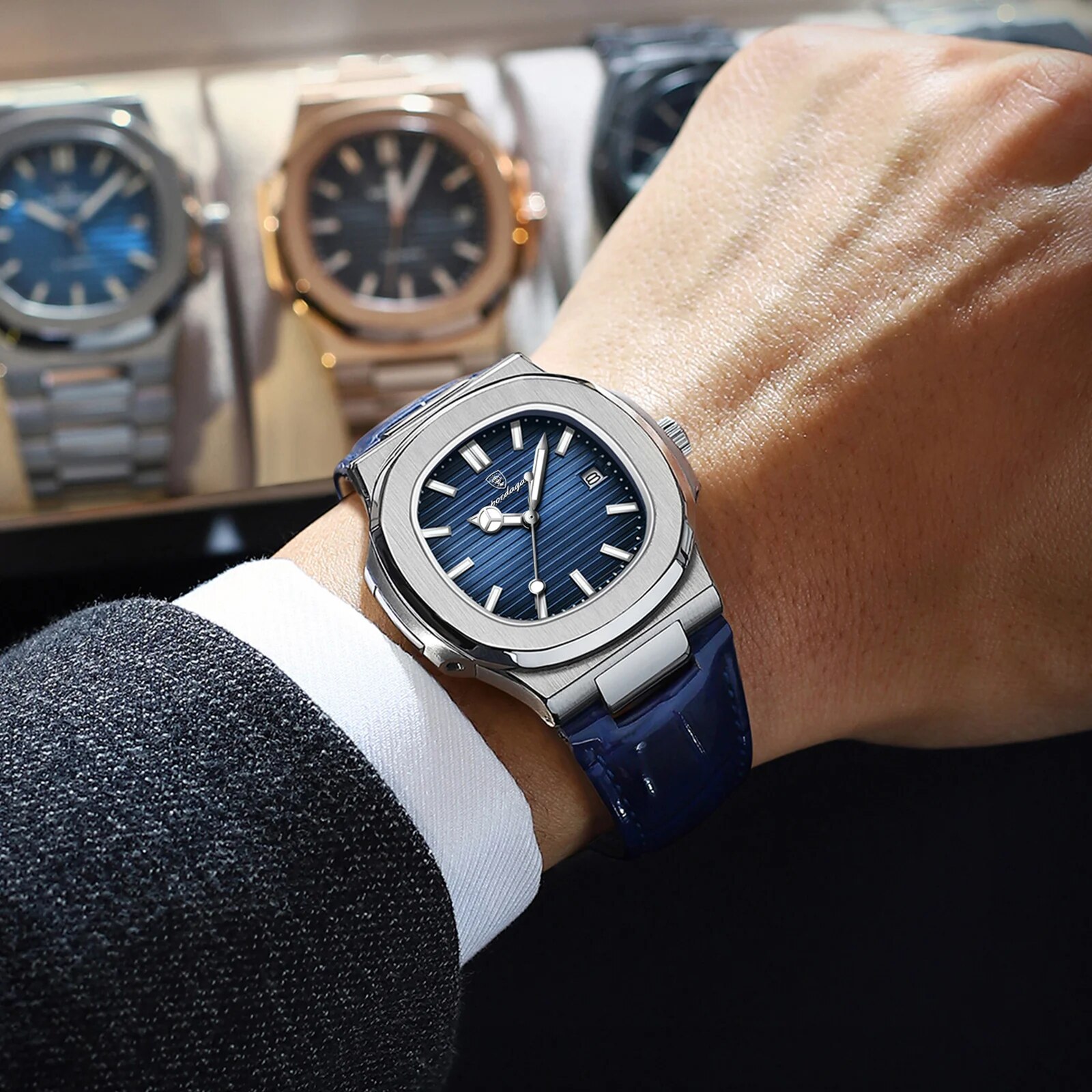 POEDAGAR Top Luxury Square Orologio da uomo Data Orologio da polso da uomo luminoso impermeabile Orologi al quarzo da uomo in pelle di alta qualità + Box Reloj