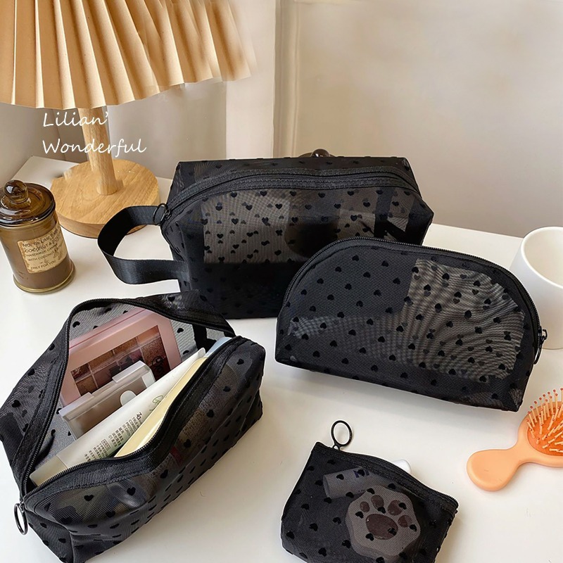 Neceser Black Heart Reise-Kosmetiktasche, modisches Netz, klein, groß, Kulturbeutel, Make-up-Aufbewahrungstasche, transparente Kosmetiktasche mit Reißverschluss
