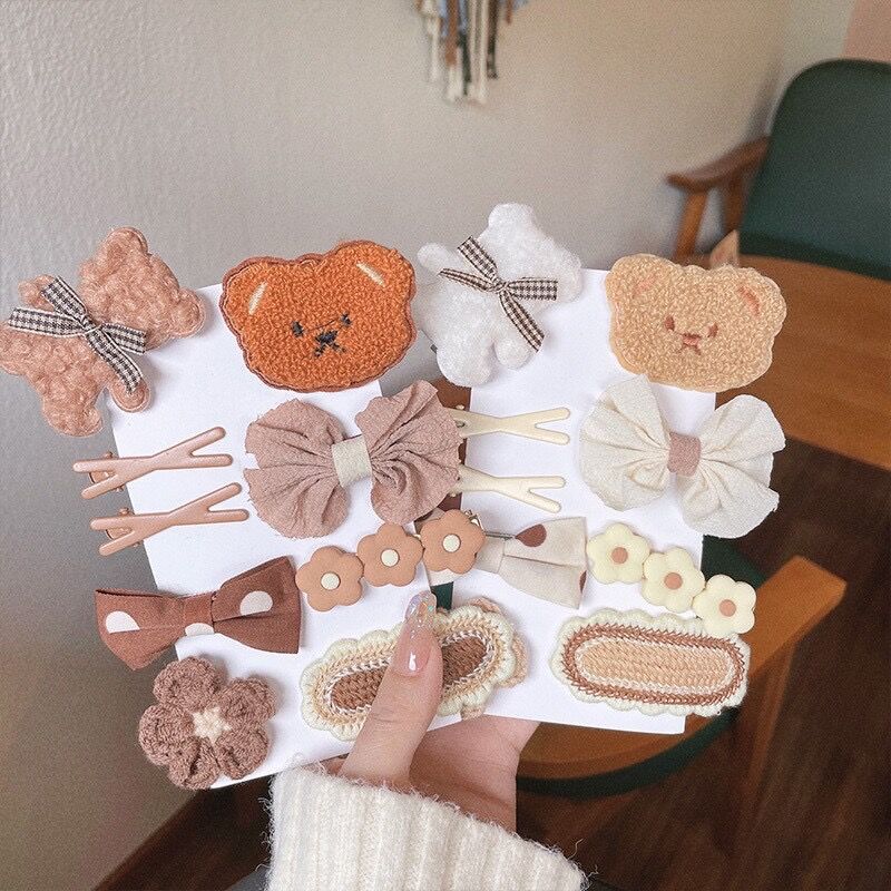 9 個女の子ヘアクリップ漫画クマの花の弓の装飾ヘアピンサイドかわいいぬいぐるみブラウンアクセサリー