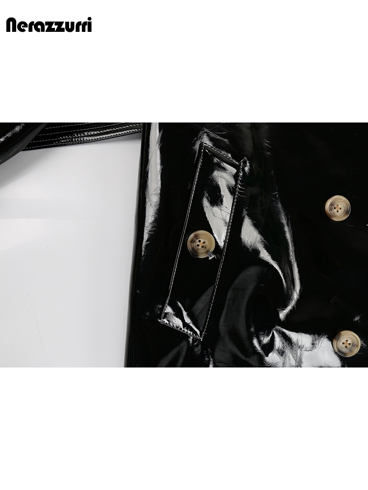 Nerazzurriฤดูใบไม้ร่วงสีดําเงาสีแดงสิทธิบัตรPuหนังTrench Coatสําหรับเข็มขัดผู้หญิงDouble Breasted Luxury Designerเสื้อผ้า 2023