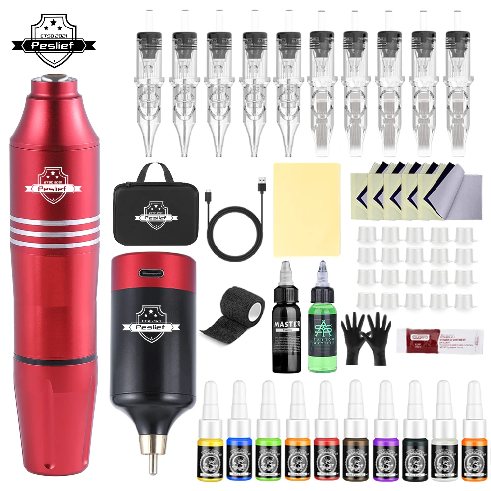 Kit profissional de máquina de tatuagem rotativa sem fio com 10 agulhas de cartucho, conjunto completo para tatuadores e iniciantes