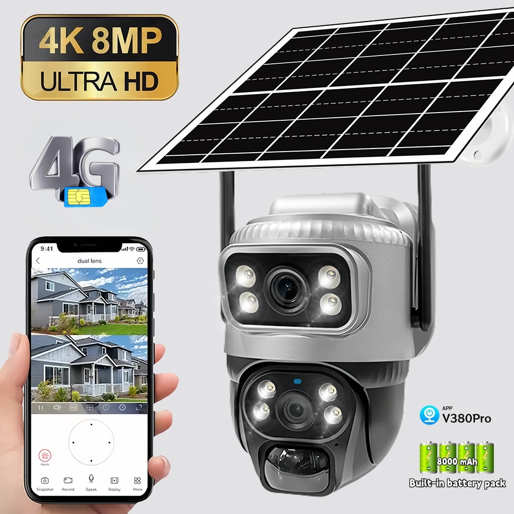 Cámara solar 4G Monitor de seguridad de pantalla dual inalámbrico al aire libre de 8MP 360 °   Prevista PIR Seguimiento automático Cámara CCTV inalámbrica para el hogar inteligente