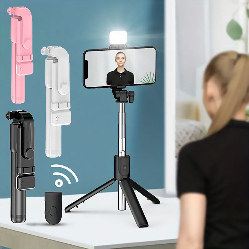 Soporte portátil para trípode con palo de Selfie Bluetooth, luz de relleno con obturador remoto, soporte para teléfono retráctil remoto inalámbrico extensible