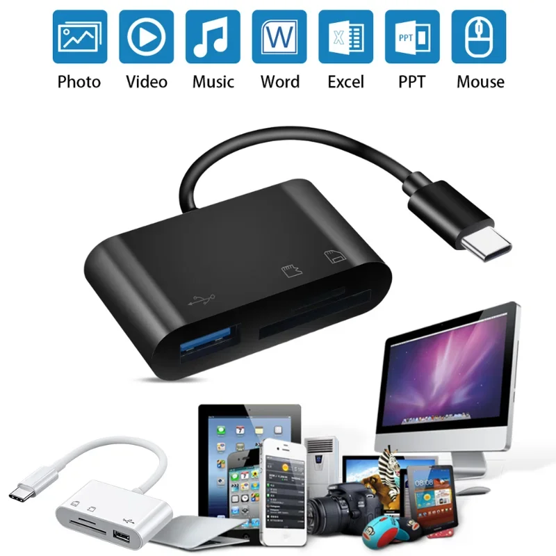 Adaptador 3 en 1 tipo c a USB C A OTG, convertidor Hub para Samsung, Xiaomi, Android, portátil, tableta, multipuerto, tarjeta de memoria SD TF