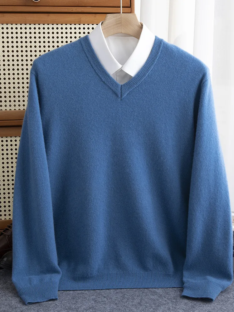 ผู้ชาย 100% Merino ขนสัตว์เสื้อกันหนาว V คอฤดูใบไม้ร่วงฤดูหนาวแคชเมียร์อบอุ่นเสื้อถักเสื้อผ้าธุรกิจ Bottoming Soft Tops