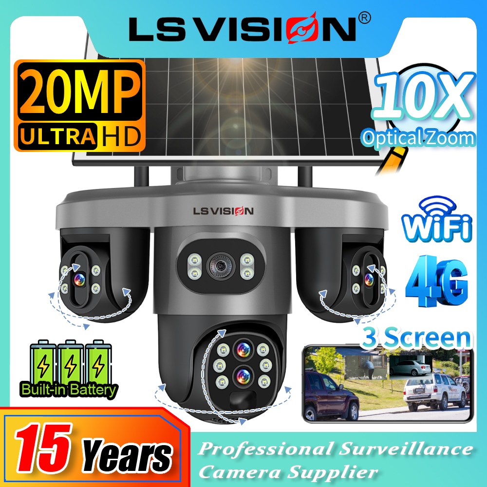 LS VISION 20MP 4 Lens Three Screen 4G Solar Camera Outdoor WiFi 10X Optical Zoom Auto Tracking Wifi Surveillance Camera V380 Pro