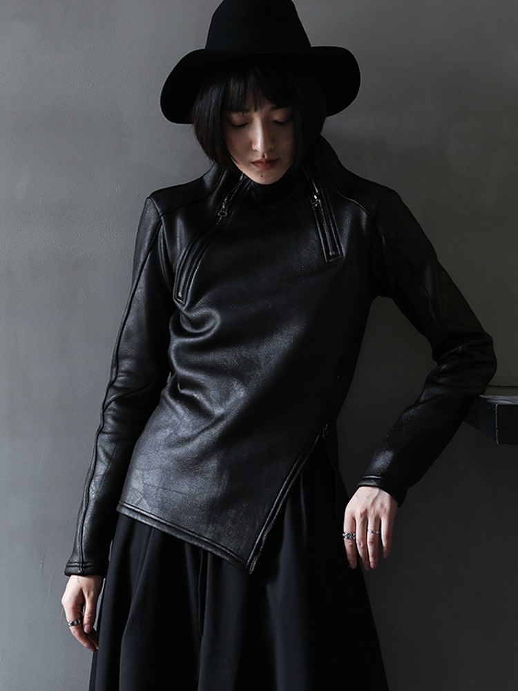 Dunklen Stil Unregelmäßigen Stehkragen Diagonal Zipper Faux Leder Sweatshirt Weibliche Kühle Schwarz Gothic Jacke Fleece Futter Pullover